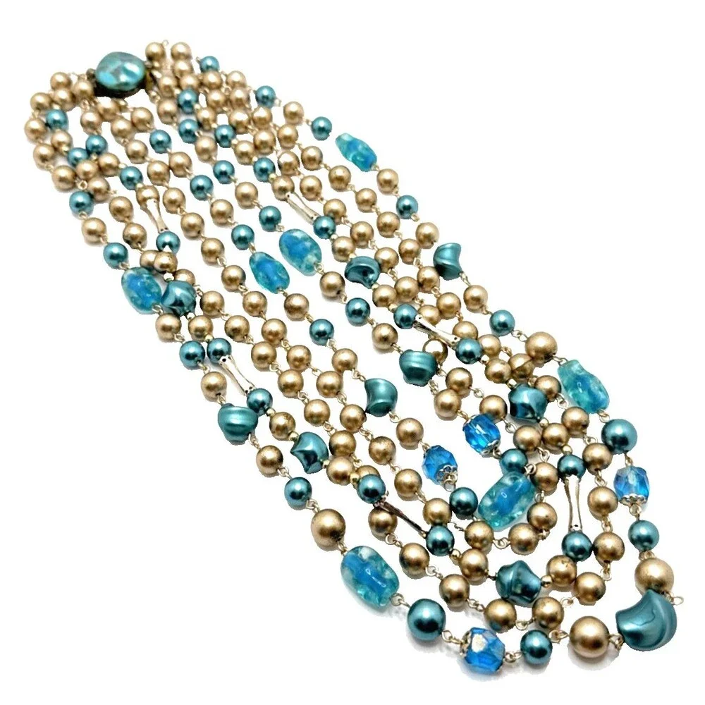 Vintage Japan Multi Strand Beaded Choker Necklace Blue Gold Mid Century 16